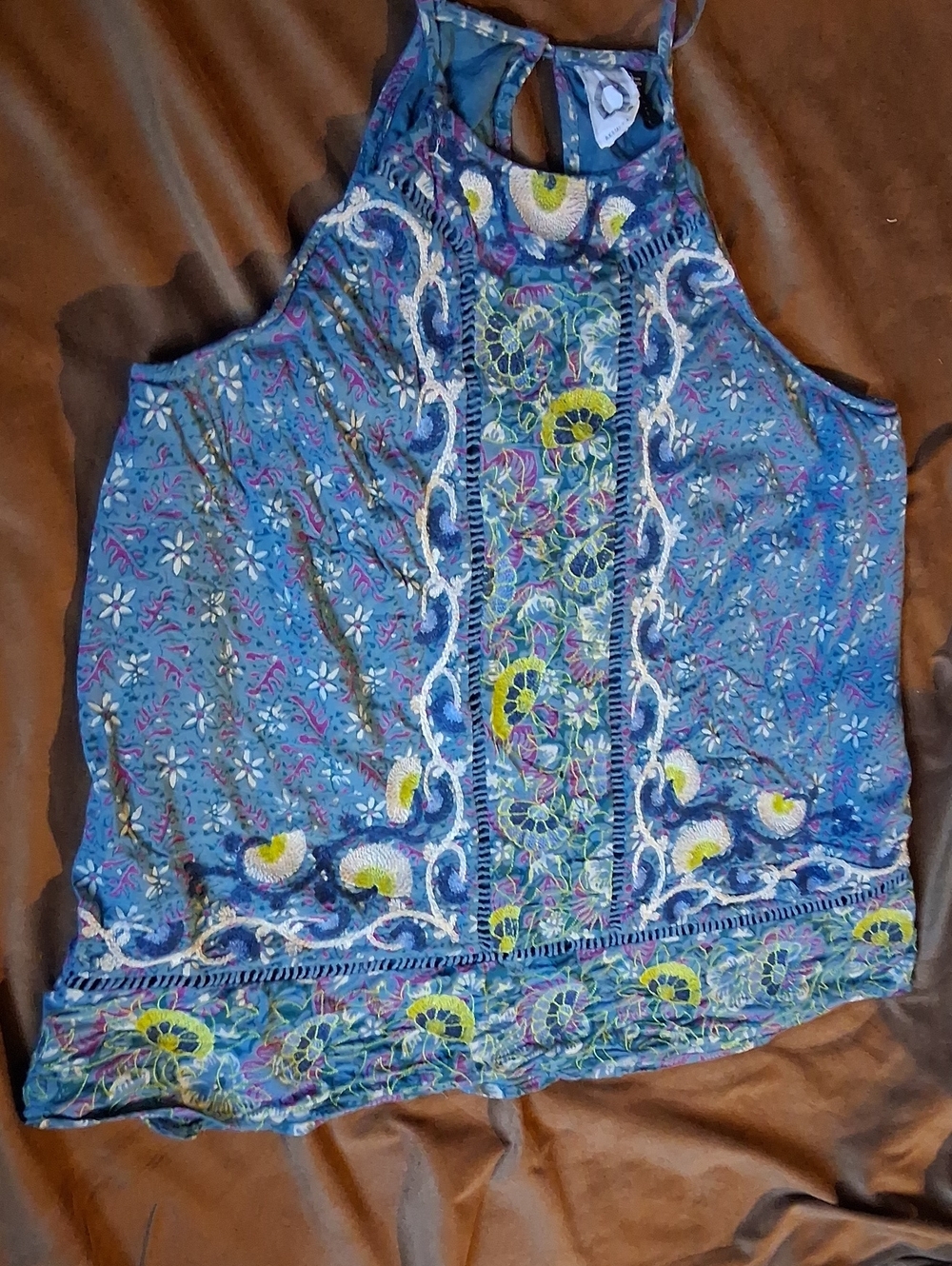 Anthropologie Blue Floral Embroidered Halter Tank